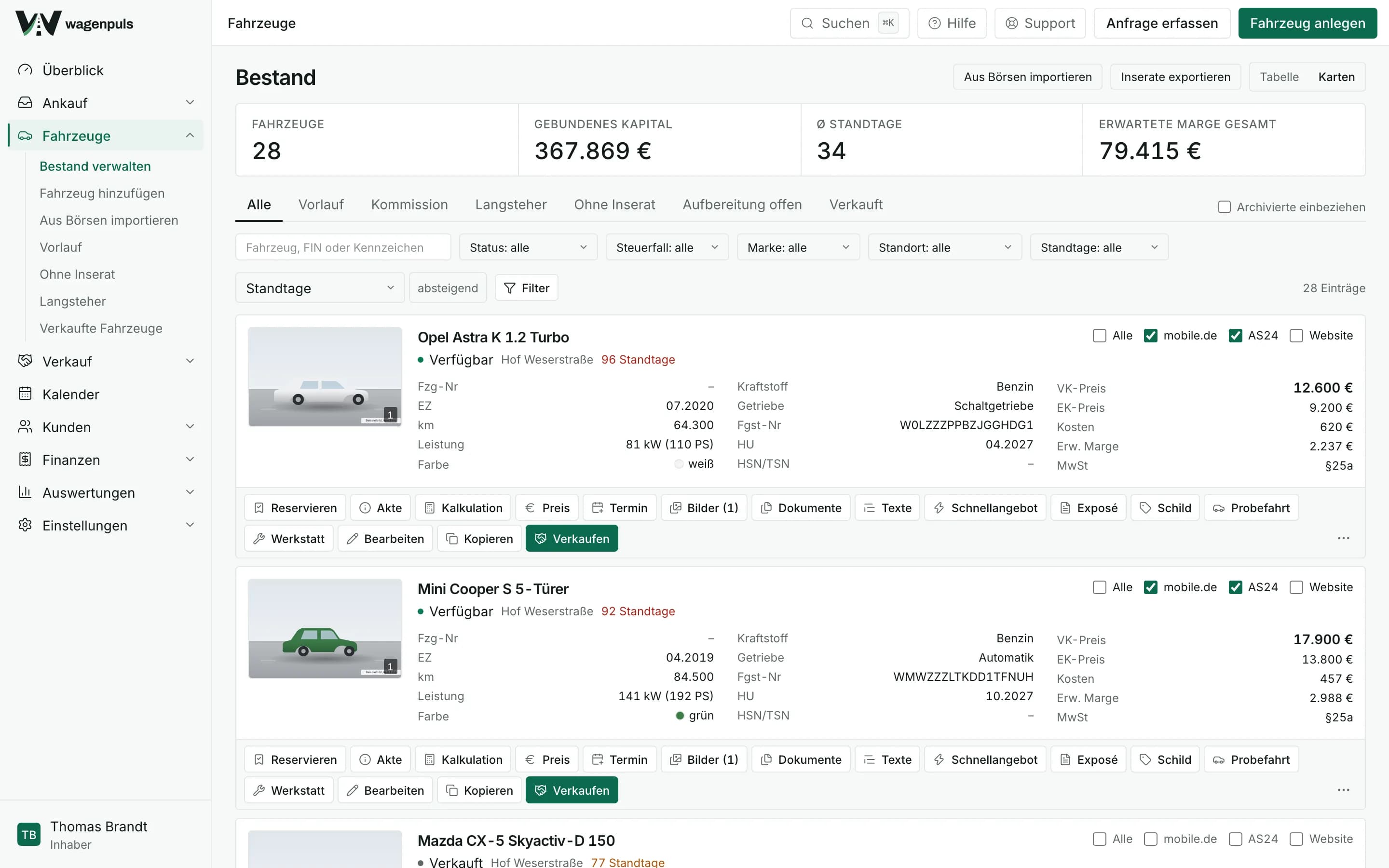 Bestandsliste in wagenpuls mit Fahrzeug, Status, Standtagen, Einkaufspreis, Verkaufspreis und Marge je Zeile