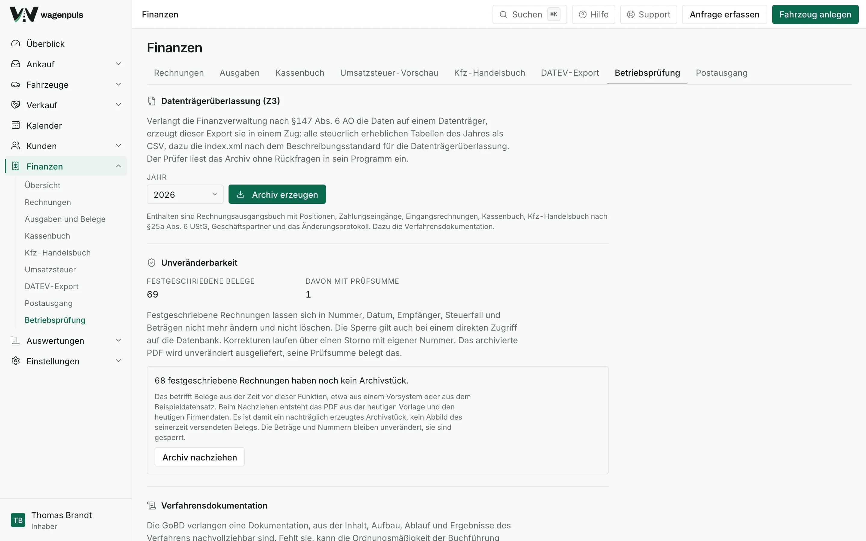 Ansicht für die Betriebsprüfung in wagenpuls mit Zeitraumwahl und Ausgabe nach den Grundsätzen zum Datenzugriff