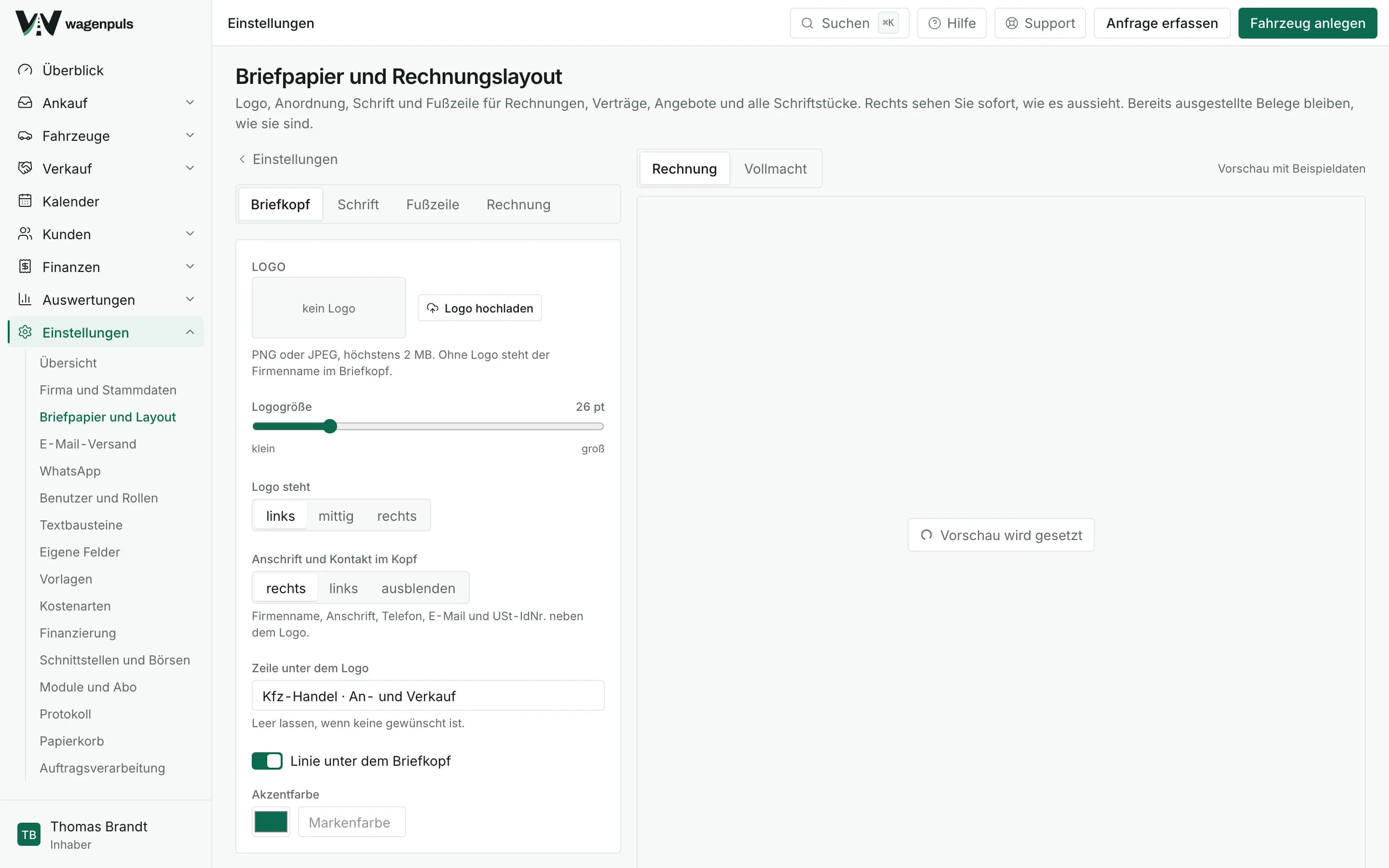 Einstellung des Briefpapiers in wagenpuls mit Logo, Kopfzeile, dreispaltiger Fußzeile und Vorschau