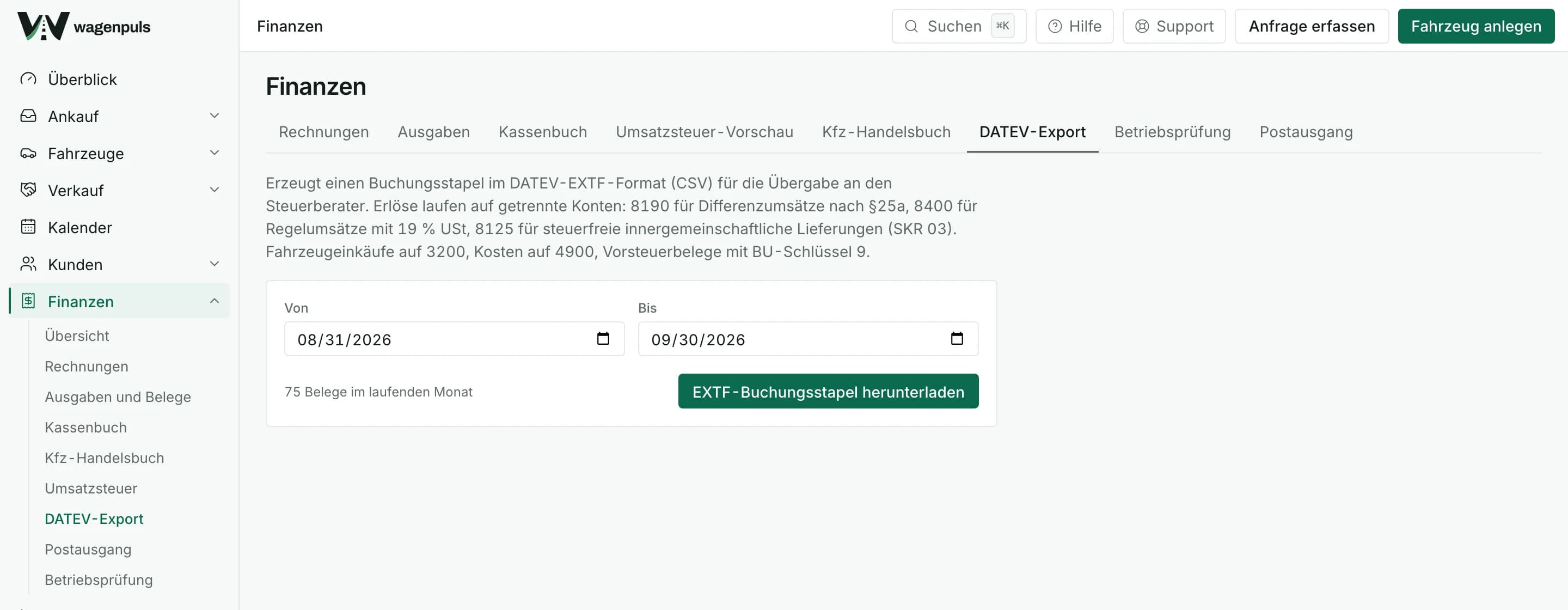 DATEV-Export in wagenpuls mit Zeitraum, Buchungssätzen und Prüfhinweisen vor dem Export