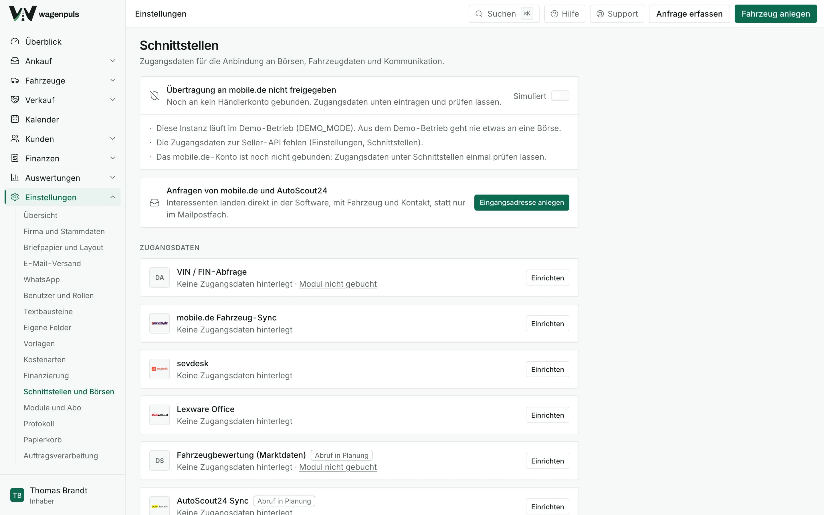 Schnittstelleneinstellungen in wagenpuls mit Zugängen zu Börsen und Buchhaltung