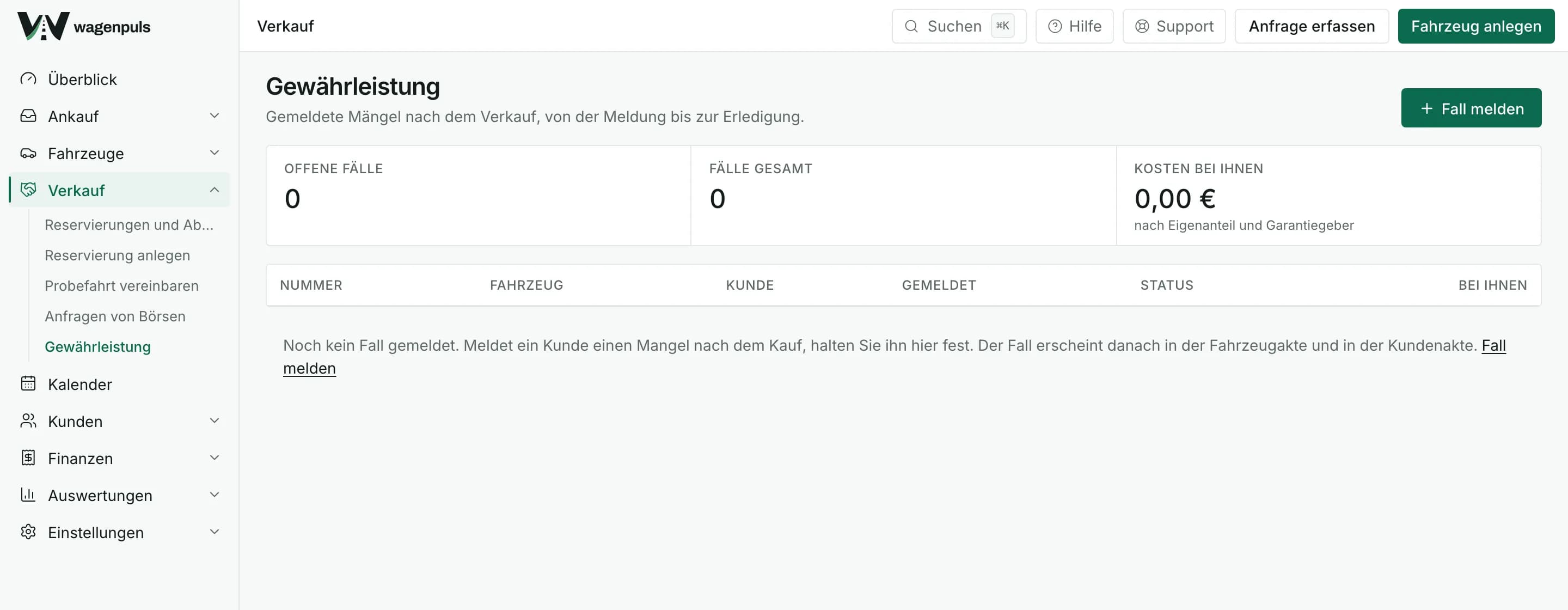 Übersicht der Gewährleistungsfälle in wagenpuls mit Fahrzeug, Käufer, Meldedatum und Stand