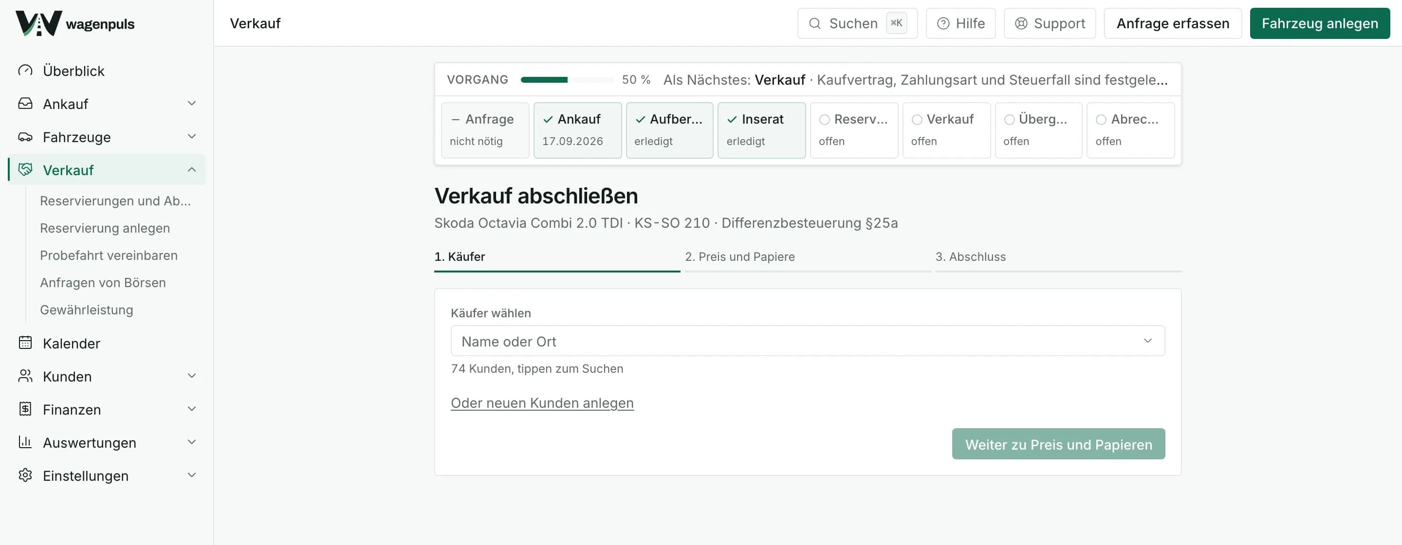 Verkaufsdialog in wagenpuls mit Prozessleiste über den Schritten Käufer, Preis, Unterlagen, Vertrag und Übergabe
