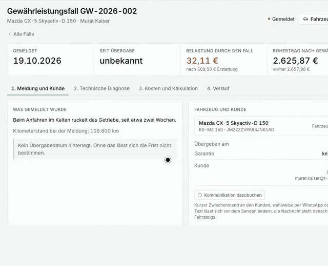Kalkulation eines Gewährleistungsfalls vom Rohertrag bis zur Belastung durch den Fall